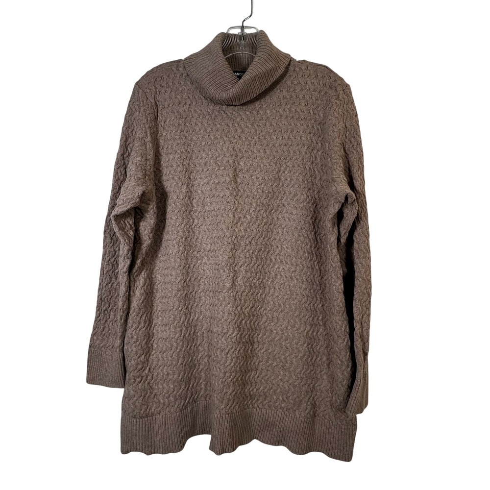 Lands End Taupe Brown 100% Cotton Cable Knit Turtleneck Tunic Sweater XL P 18